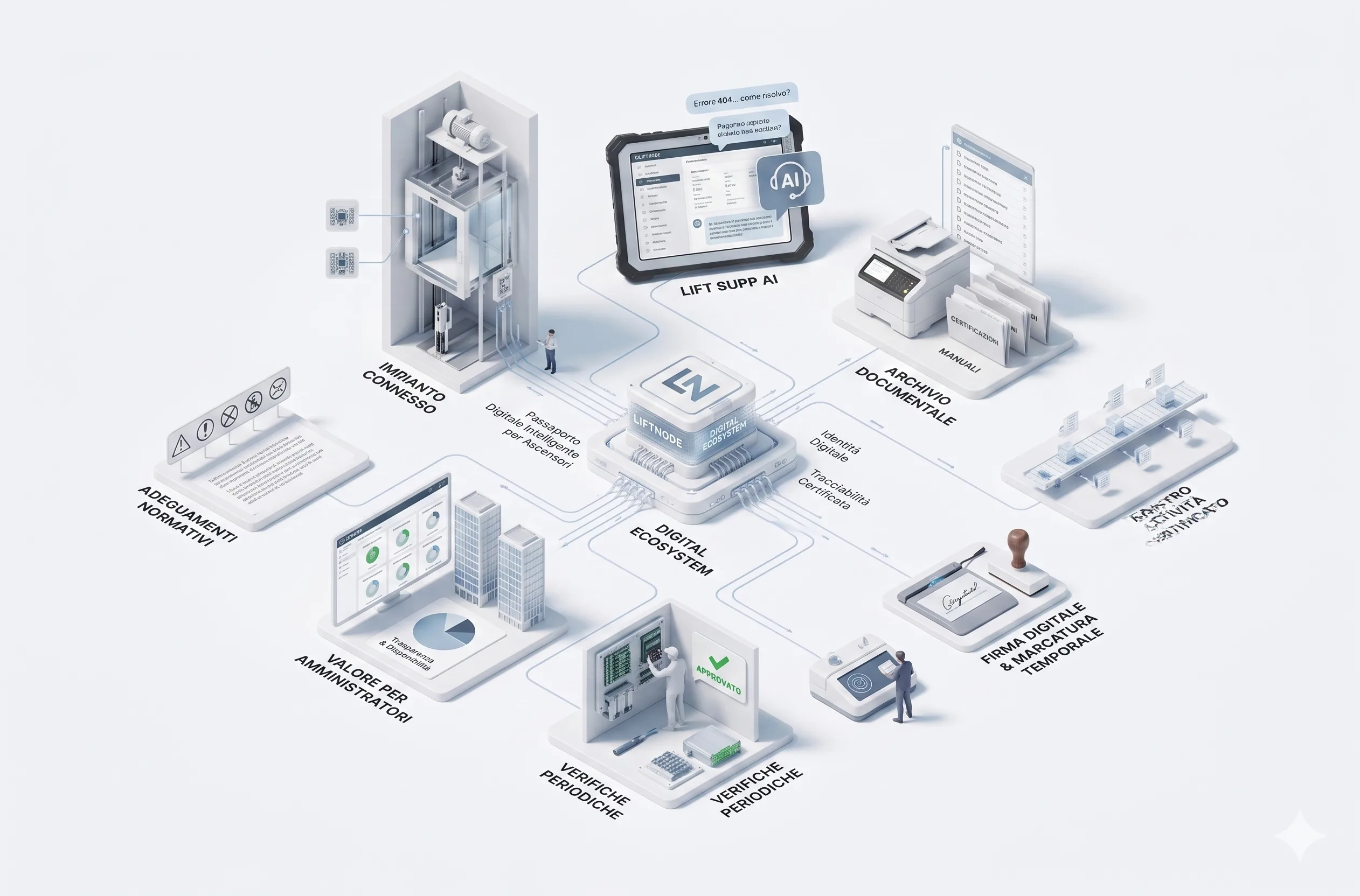 Mappa dell'ecosistema digitale LiftNode: impianto connesso, LiftSupp AI, archivio documentale, verifiche, firma digitale e marcatura temporale